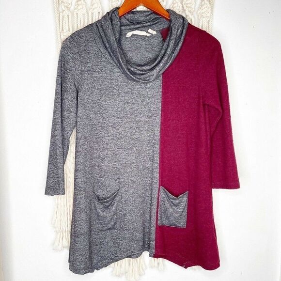 Soft Surroundings Cowl Neck Tunic SZ XS Gray Red Top Fall Capsule Wardrobe - Picture 1 of 9